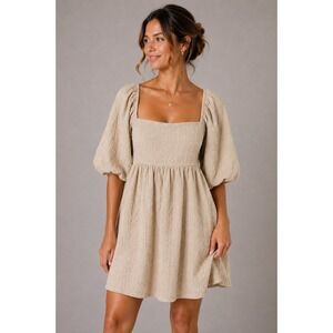 Sweet Lemon Beige Textured Puff Sleeve Square Neck Midi Dress Large